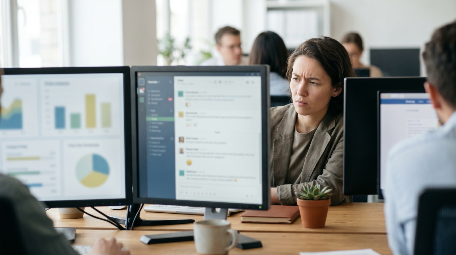 A marketing professional working at a desk with analytics and an AI chat interface on screen