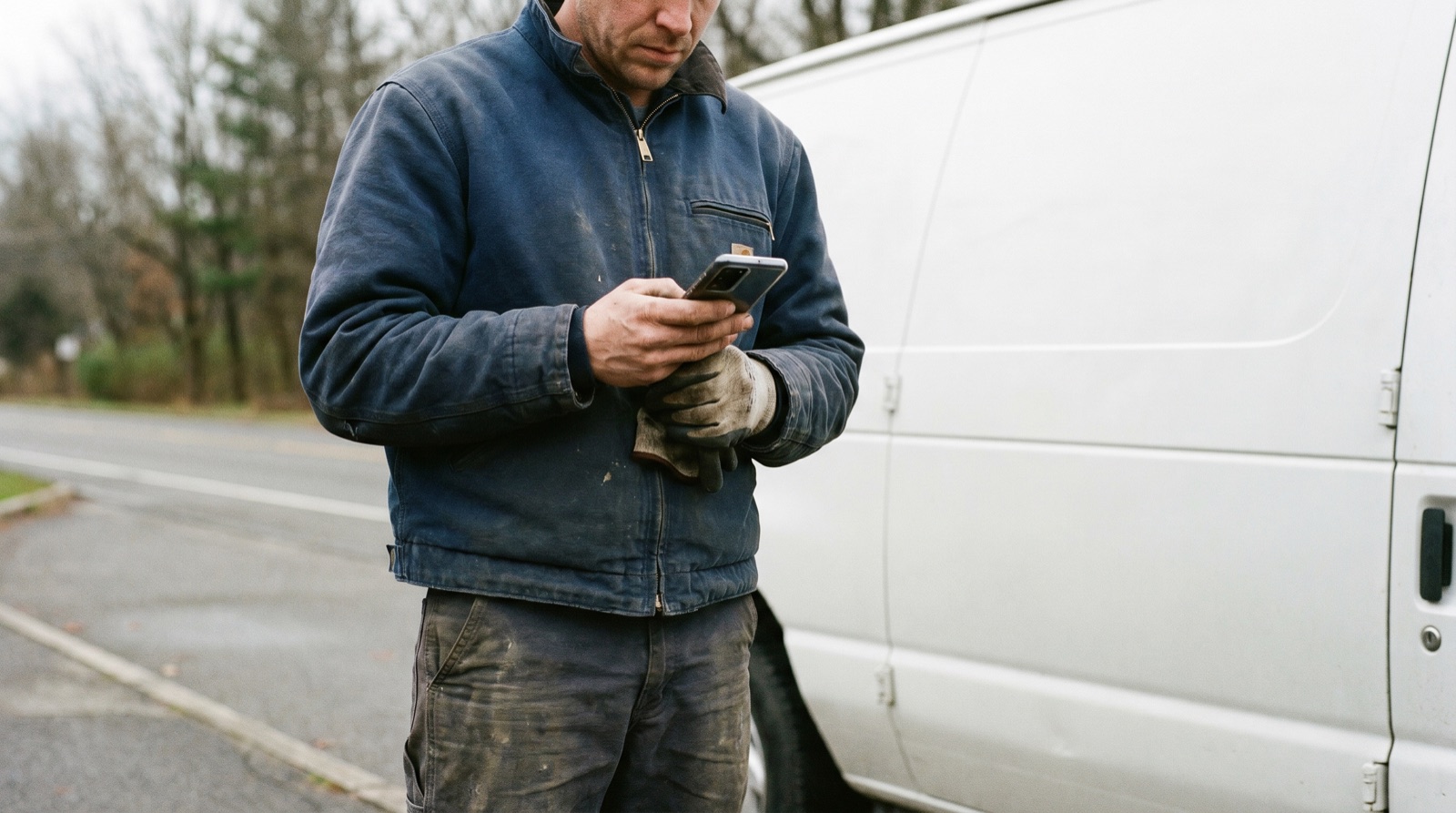 A tradesperson checking a smartphone beside their work van, a lead waiting on a fast reply