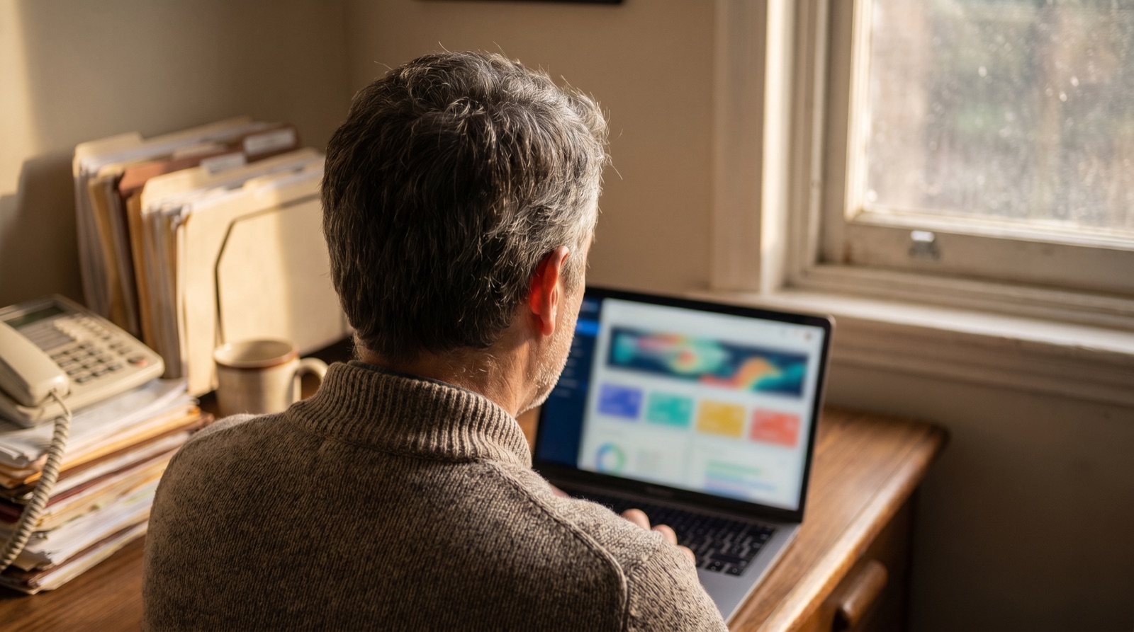 Local business owner using a custom dashboard on a laptop in their workspace