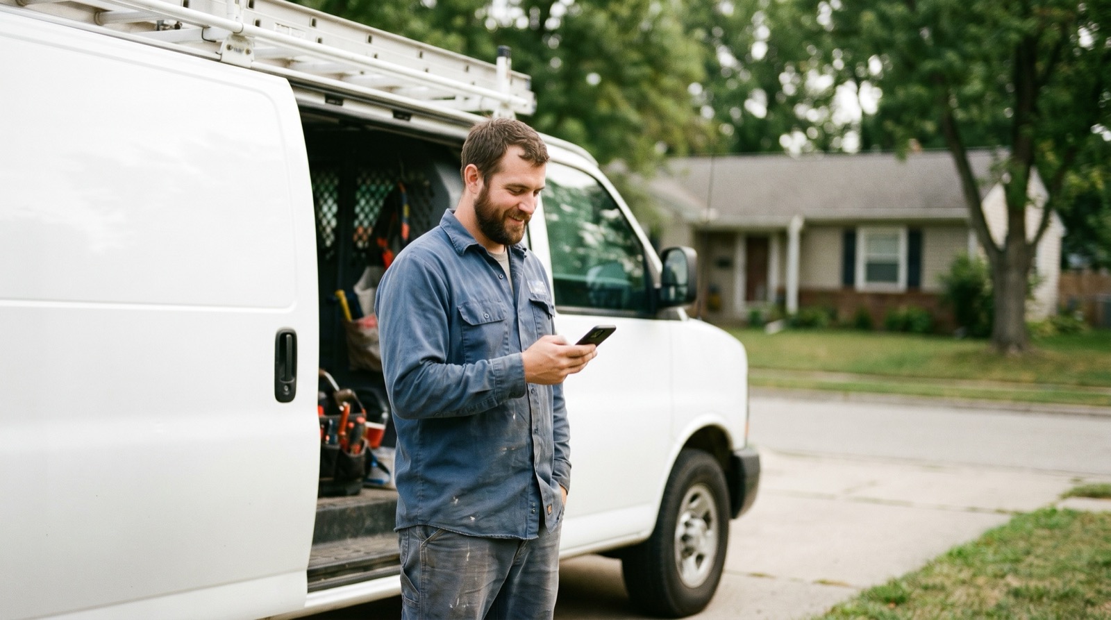 A home-service contractor checking a smartphone next to a work van in a driveway