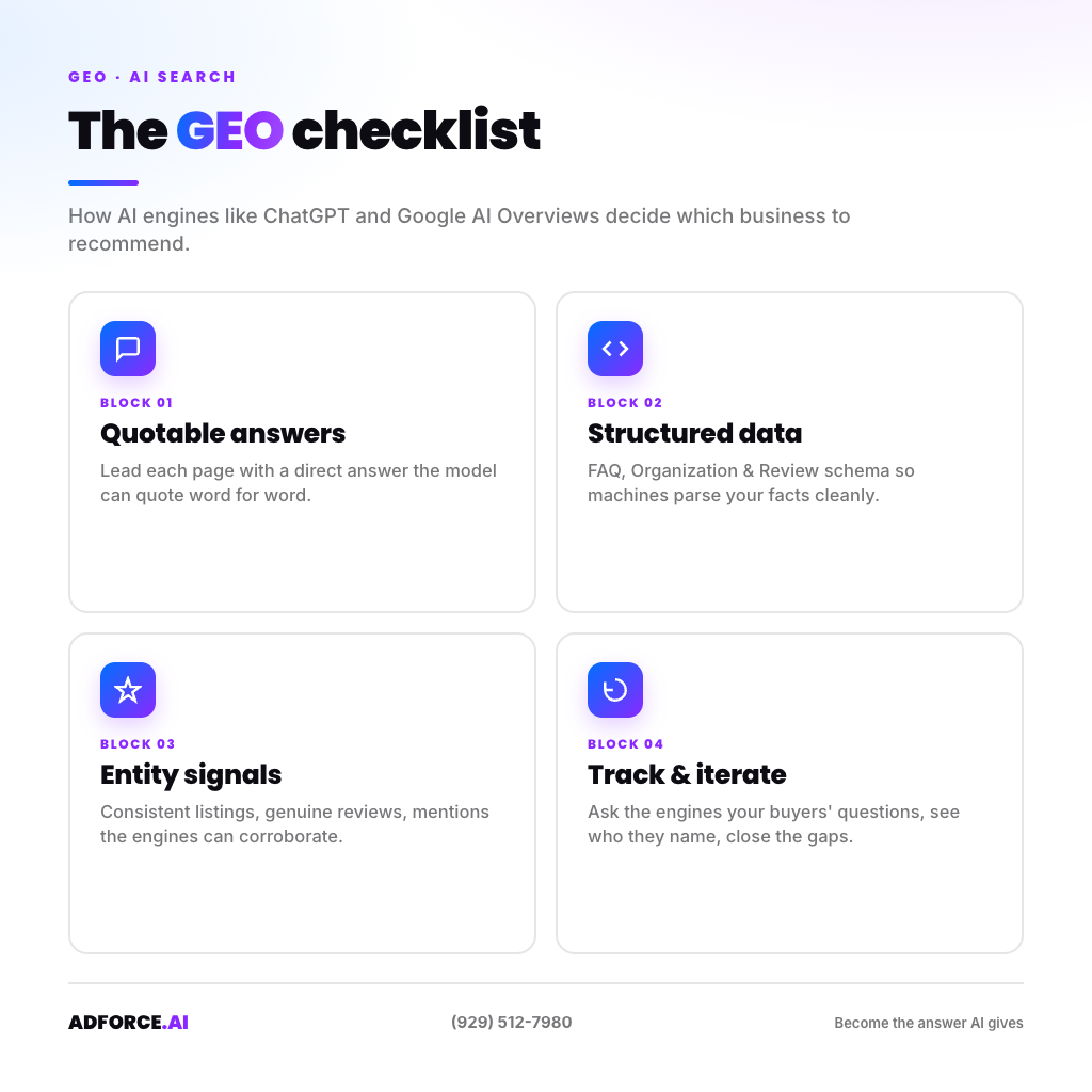 GEO checklist: quotable answers, structured data, consistent entity signals, and ongoing AI-visibility tracking