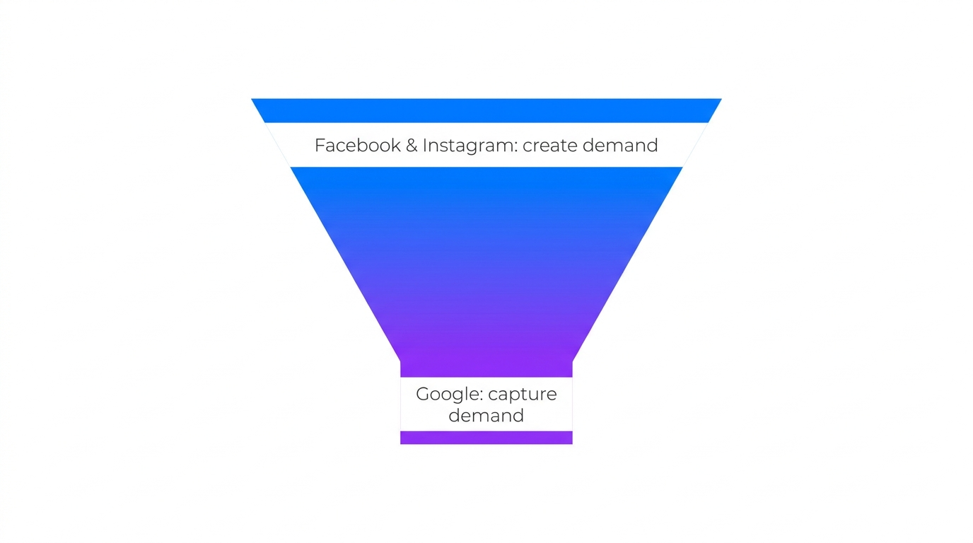 Google Ads captures existing demand at the bottom of the funnel while Facebook and Instagram create demand at the top, shown as one connected funnel
