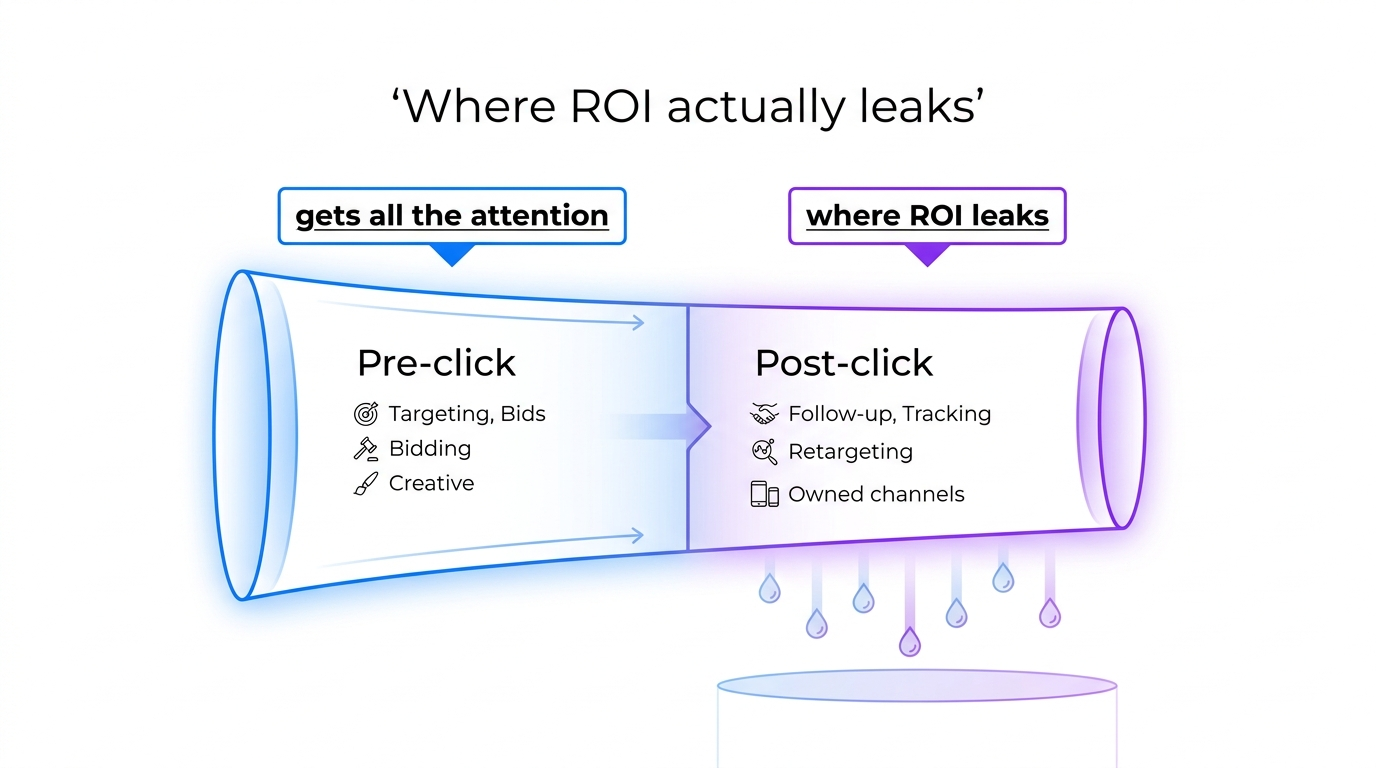 Diagram comparing where marketing budgets get attention versus where ROI actually leaks, split into pre-click ad-account work and post-click follow-up, tracking, and funnel work