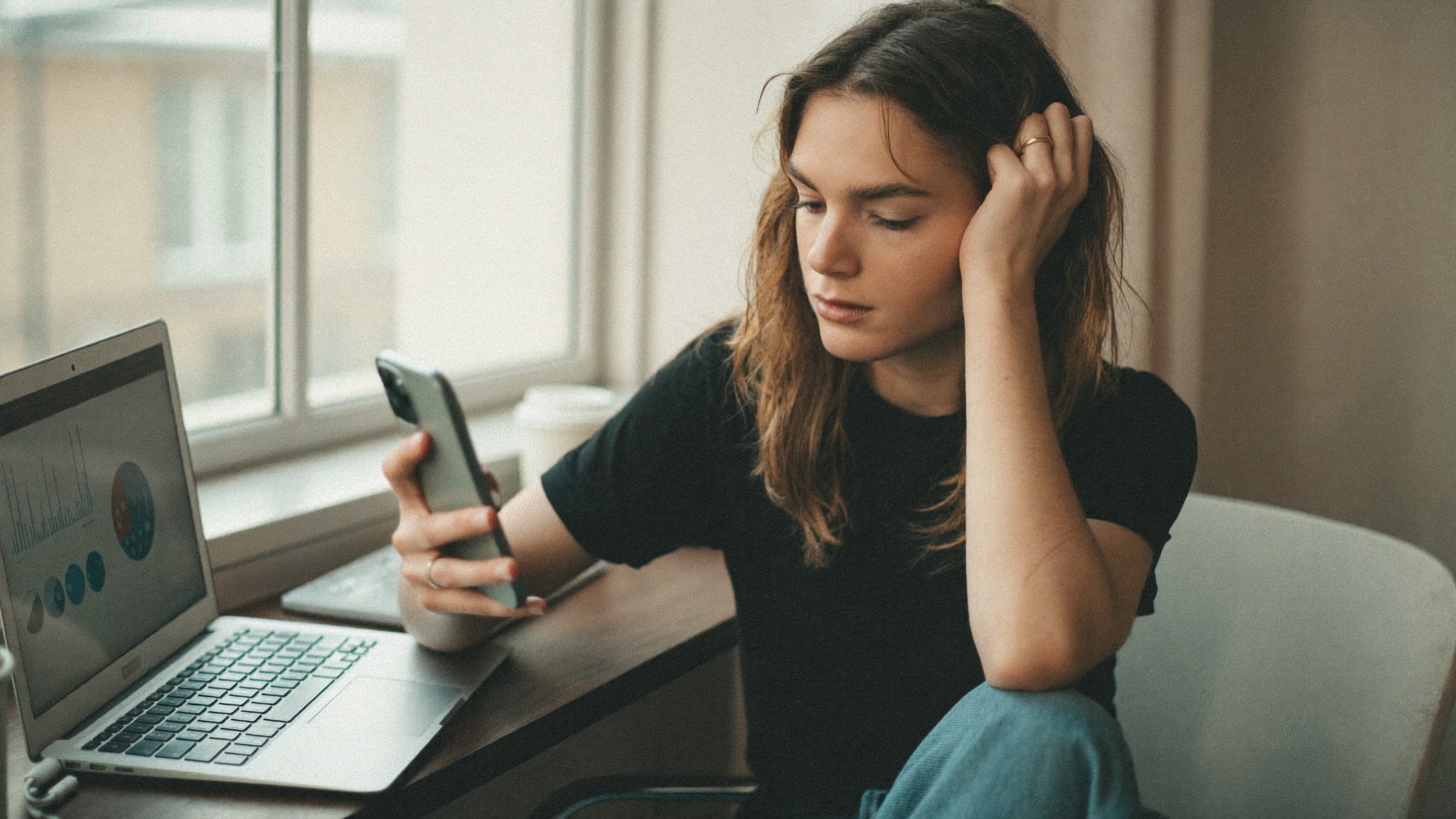 A small business owner reviewing Meta Ads Manager placements on a laptop with a phone showing Instagram Reels beside it