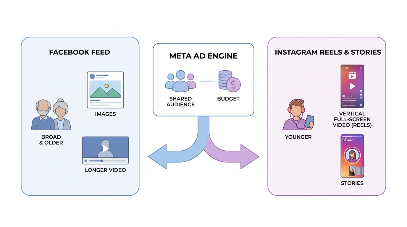 A single Meta advertising engine feeding two placement rooms, Facebook Feed and Instagram Reels and Stories, from one shared budget and audience pool