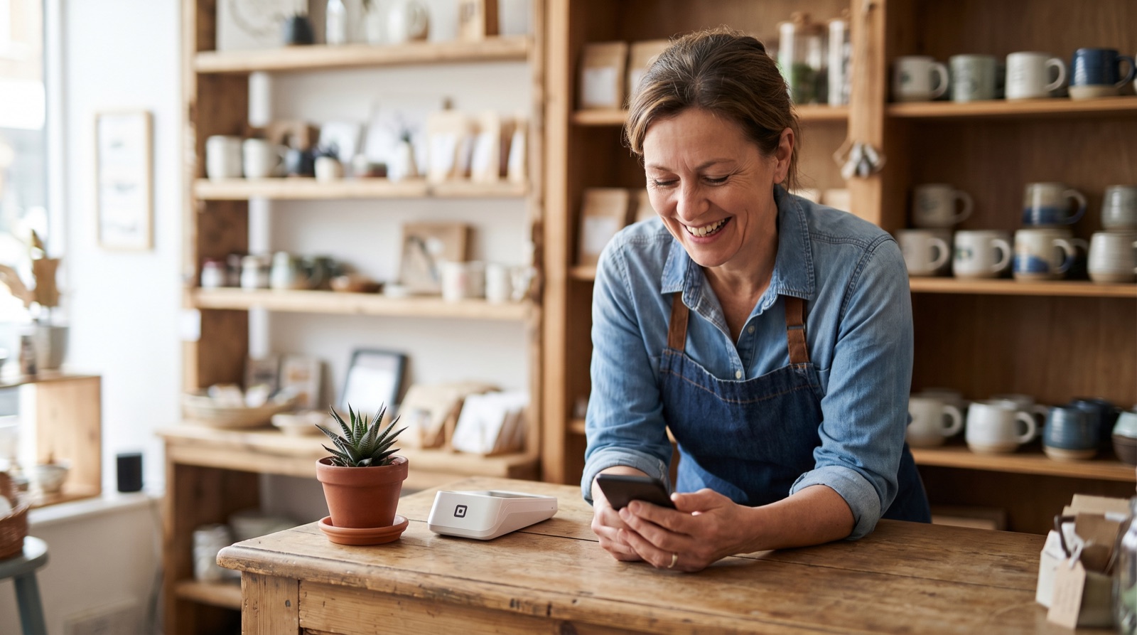 Local business owner checking their Google Business Profile on a phone at the front counter