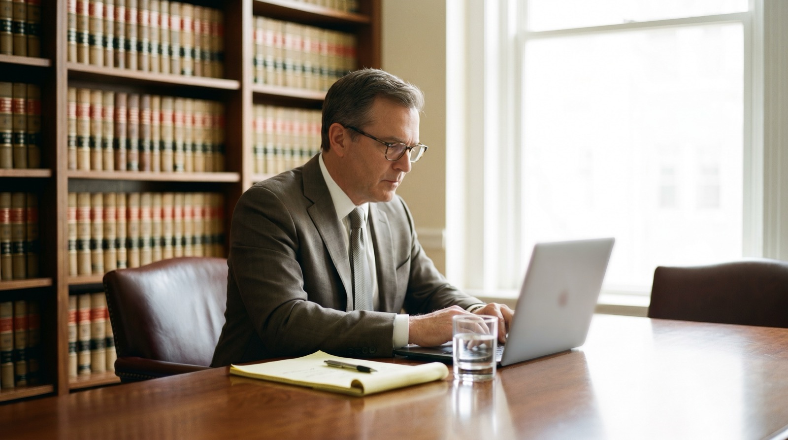 An attorney reviewing client intake on a laptop at a desk in a law office