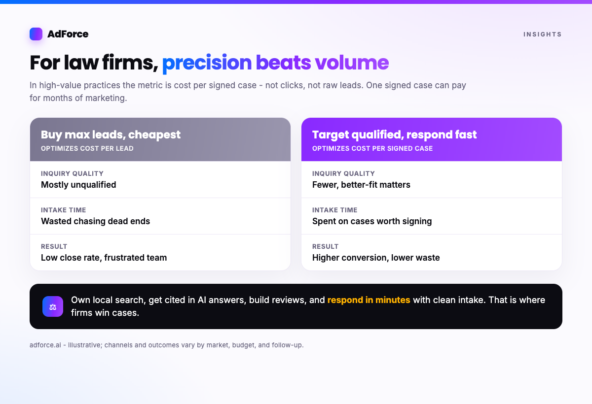 A comparison showing how a qualified-case strategy outperforms a raw-lead strategy for law firms across intake time and conversion