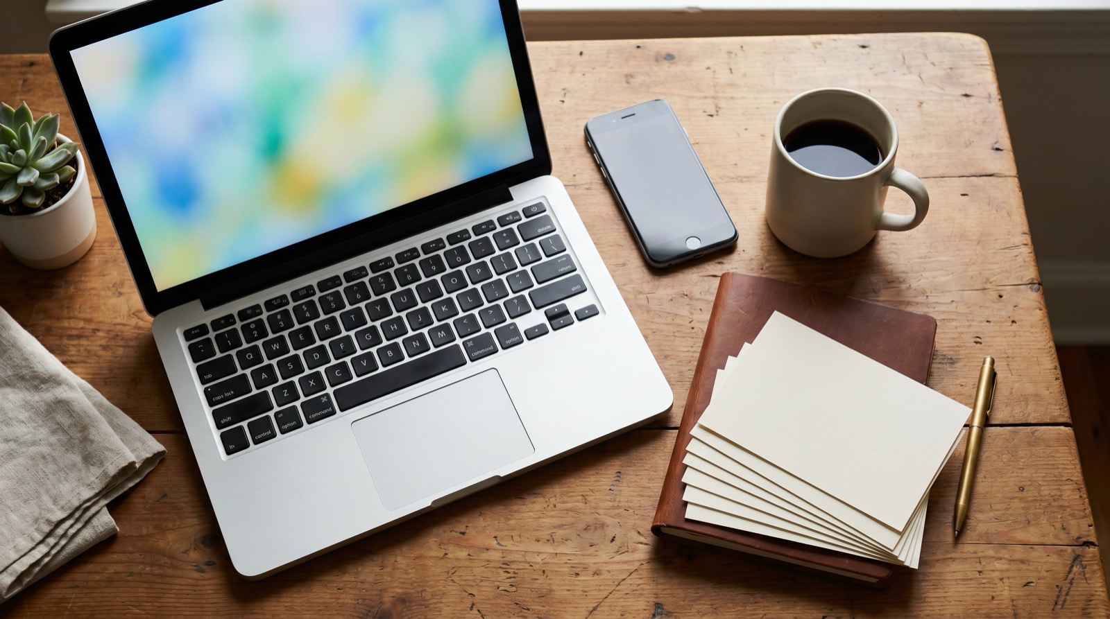 A desk flat-lay with a laptop dashboard, a phone, and a fan of direct-mail postcards