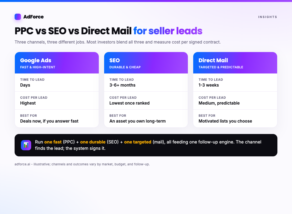 No channel wins on every row. That is why a real pipeline blends a fast one, a durable one, and a targeted one. A side-by-side comparison of Google Ads, SEO, and direct mail for motivated-seller lead generation across time-to-lead, cost, and intent