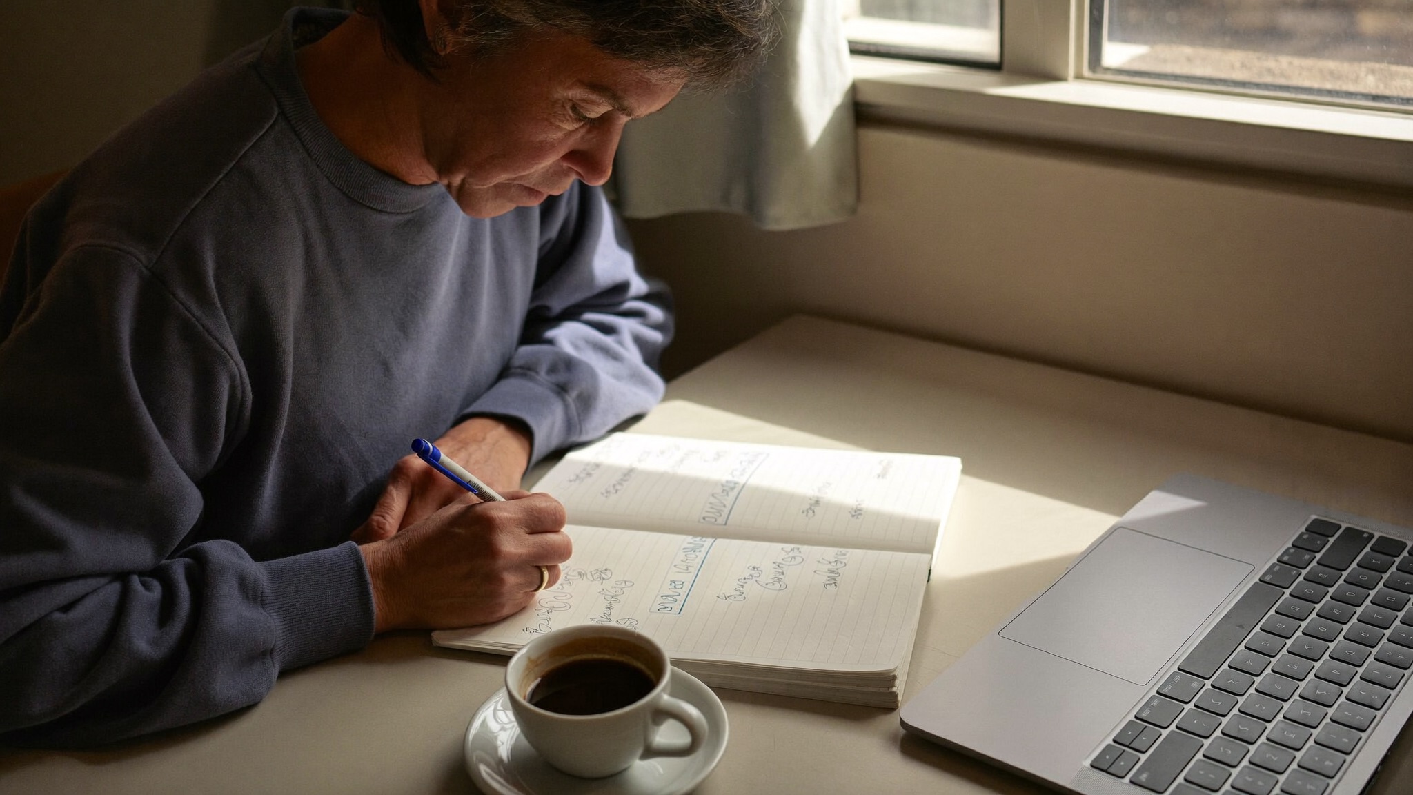 A small business owner at a desk reviewing ad campaign numbers on a laptop with a notebook of budget figures beside it