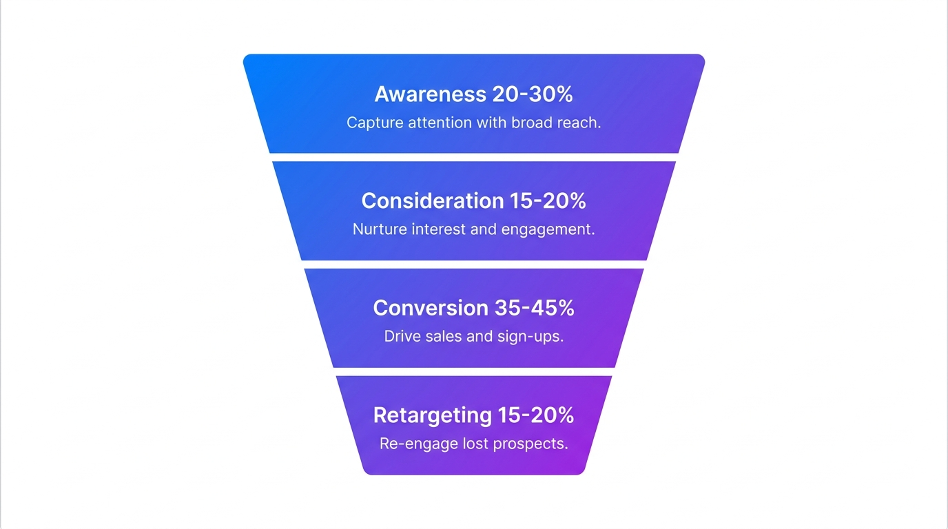A funnel diagram showing paid ad budget split across four stages: awareness, consideration, conversion, and retargeting, with the largest share on conversion and retargeting