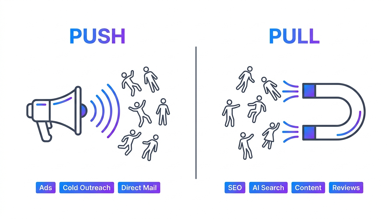 Split illustration of push marketing as a megaphone reaching out to a crowd versus pull marketing as a magnet drawing people in, with a blue to purple gradient