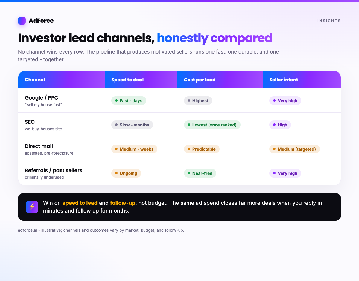 A comparison of real estate investor lead channels - paid search, SEO, direct mail, and cold outreach - across speed, cost, and seller intent